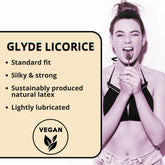 A woman in a bikini top playfully holds a lollipop, next to a box listing features of Glyde Ultra "Licorice" Flavored Condoms by Glyde: standard fit, silky & strong, licorice flavor, sustainably produced latex, lightly lubricated, and vegan.